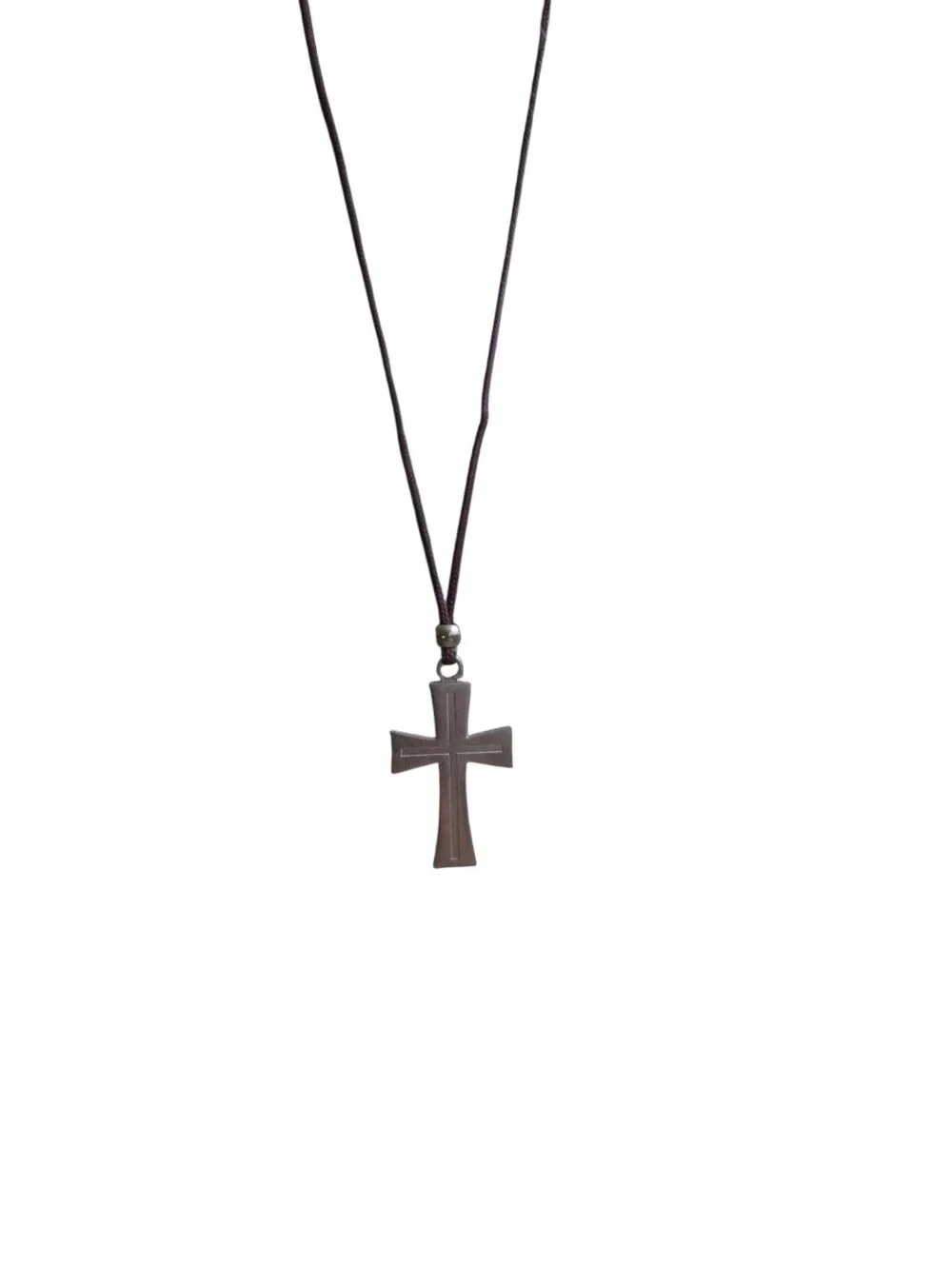Long Brown Cord Necklace with Silver Cross Pendant 31
